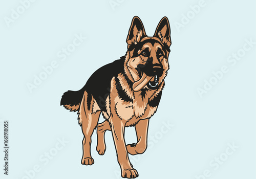 Illustration of a German Shepherd dog standing, looking forward with a light blue background.