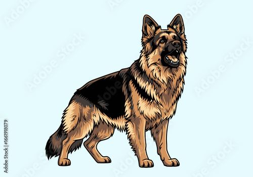 Detailed illustration of a majestic German Shepherd dog, showcasing its beautiful fur and attentive expression.