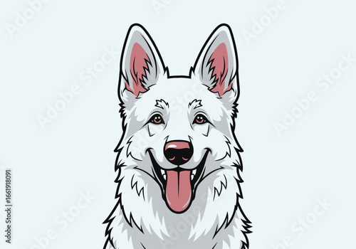 Close-up portrait of a happy white Swiss Shepherd dog.