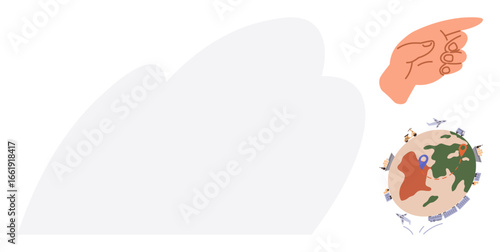 Hand pointing above a globe with flight paths symbolizing travel, connection, logistics, and decision-making. Ideal for global business, geography, navigation, tourism, logistics teamwork simple