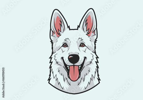 A detailed illustration of a white dog's head, showcasing its friendly expression and features.