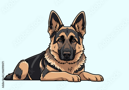 A cartoon illustration of a German Shepherd dog lying down, looking forward.