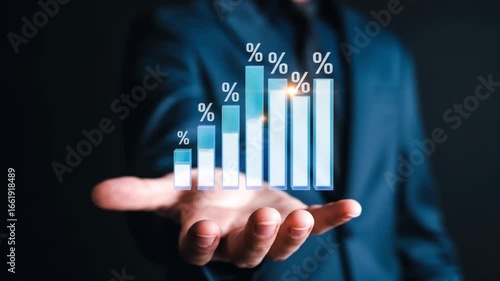 A businessman presents a glowing holographic bar chart, visualizing rising percentages and financial growth