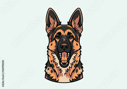 Close-up illustration of a happy German Shepherd dog's head.