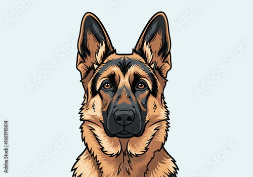 Illustrated head of a happy white shepherd dog with a smiling face and tongue out.