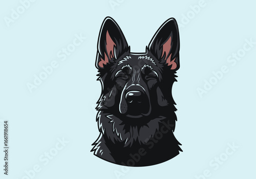 Detailed illustration of a black German Shepherd dog's head, featuring a close-up view.