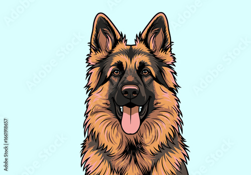 Illustration of a German Shepherd dog with its tongue out, looking happy and friendly.