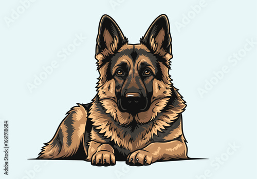 A detailed illustration of a German Shepherd dog lying down with its ears perked up.