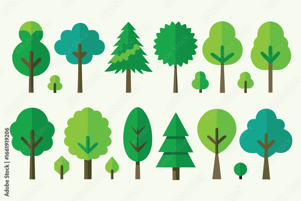 Fototapeta premium Stylized Trees Collection of Flat Design Forest Elements in Varied Green Shades
