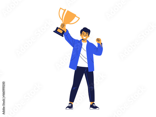 Triumphant Pose: A victorious individual proudly raises a golden trophy high, embodying success and accomplishment. 