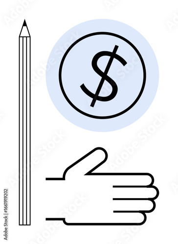 Pencil, hand, and dollar sign aligned to represent creativity, effort, and financial reward. Ideal for concepts thumbs up writing, economy, education, freelancing business design and investments