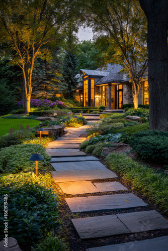 Elegant home exterior features illuminated stone pathway leading to warmly lit entrance amidst lush greenery.