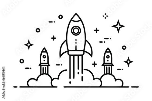 Three Rocket Ships Launching with Smoke Trails and Stars in Space Illustration