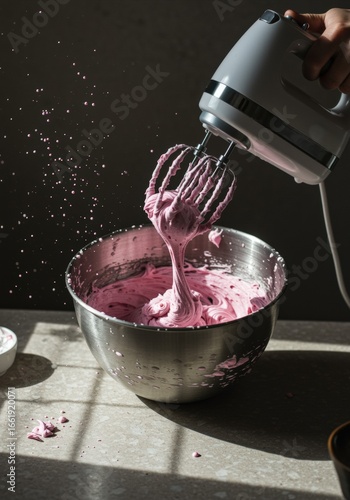 Handheld electric mixer baking appliance with beaters mixing pink batter in stainless steel bowl for dessert preparation
