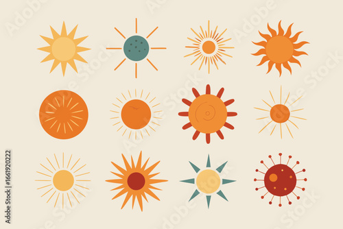 Twelve Boho Sun Icons in Varying Colors, Shapes, and Styles on Cream Background