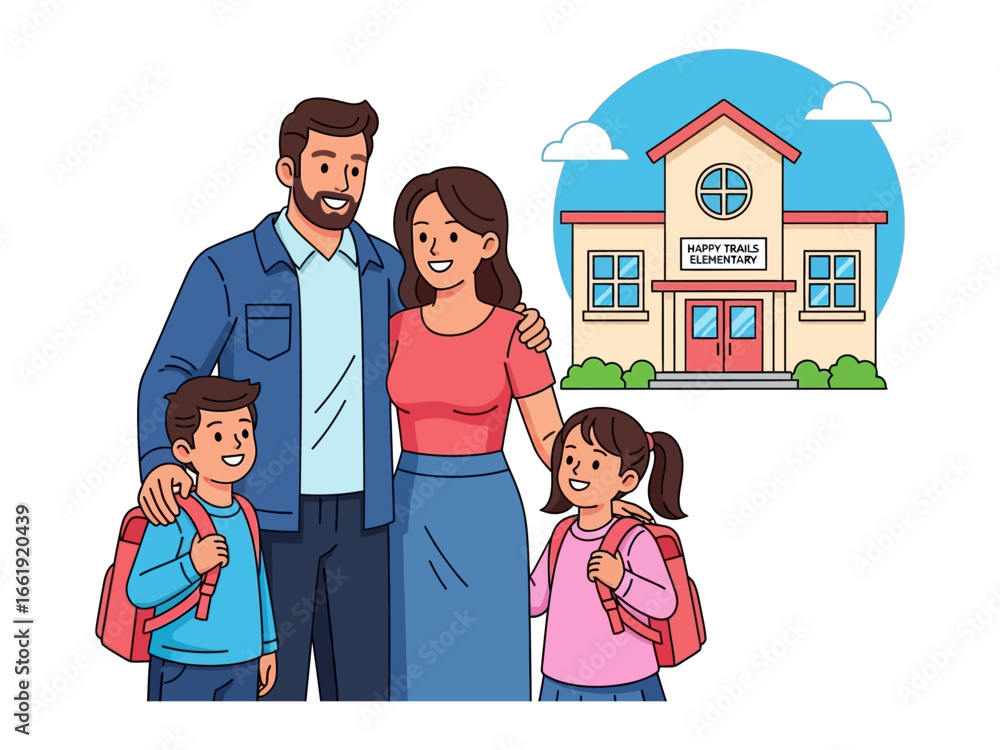 Fototapeta premium Family Day at School: A heartwarming cartoon scene depicting a family of four standing in front of school. The parents embrace their children, ready for their school day