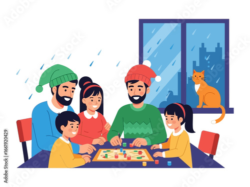 Family Game Night: A cozy family gathers around a board game, enveloped in a warm, inviting atmosphere, creating an illustration of shared moments and joy.