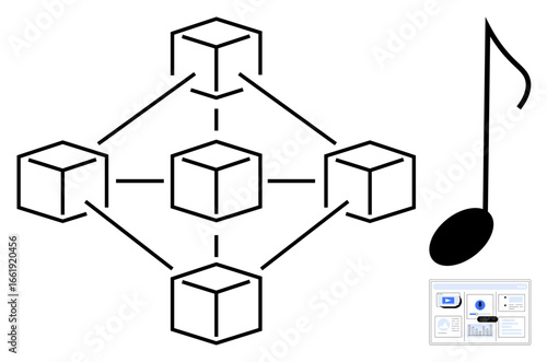 Interconnected blocks forming a blockchain, music note signifying creative content, and data analytics chart. Ideal for technology, music, blockchain, innovation, data sharing, NFT creative