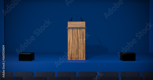 Press conference interview lectern placed in the middle with a dark blue stage in background