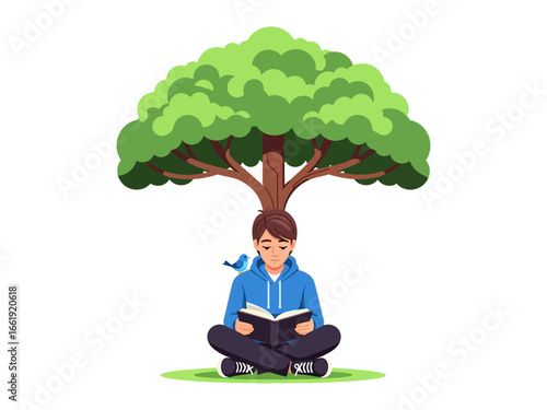 Boy reading under Tree: A young individual is engrossed in a book while sitting peacefully under a big tree, with a little bird perched nearby, promoting the idea of knowledge and growth.