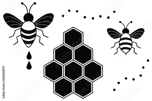Two Striped Bees, Honeycomb, and Dots A Black and White Illustration