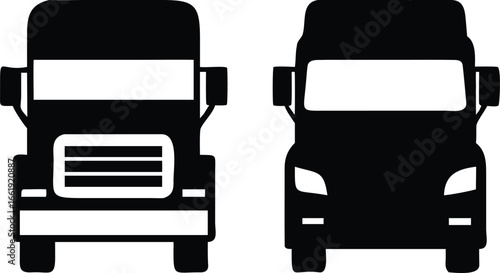 Two Stylized Black SemiTruck Icons Facing Front Isolated on a White Background