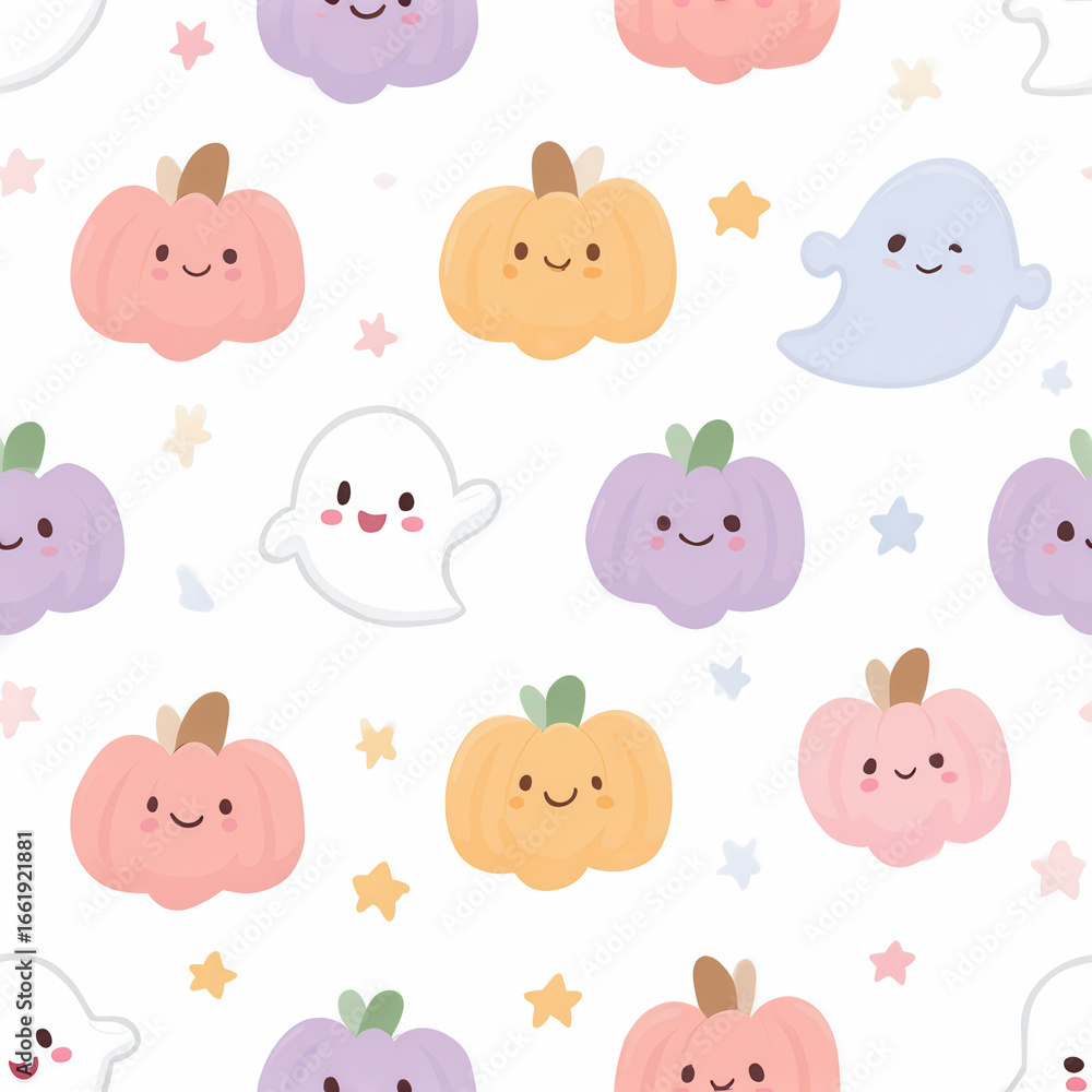 Fototapeta premium Spooky halloween seamless pattern with ghosts pumpkins skulls and bats pastel colors whimsical style