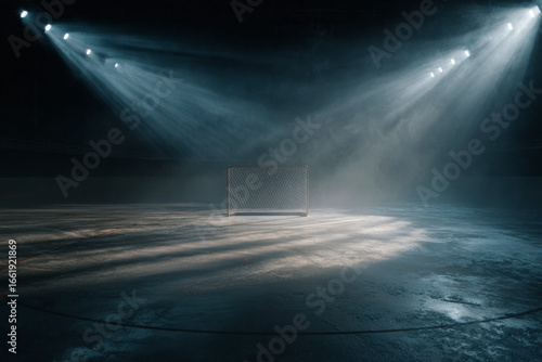 Hockey net under bright stadium lights, creating dramatic atmosphere on ice surface; ready for action.