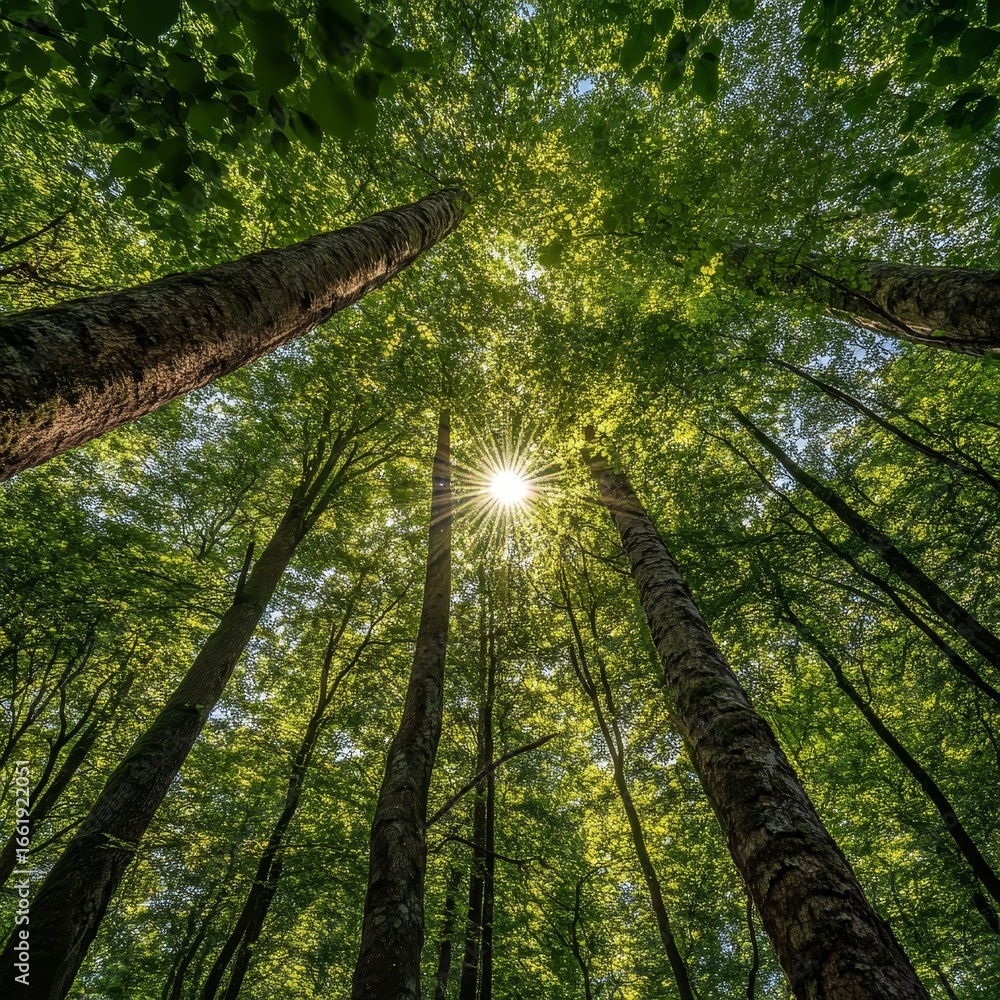 Fototapeta premium A spherical panorama set amidst a forest, offering a breathtaking upward view of the treetops