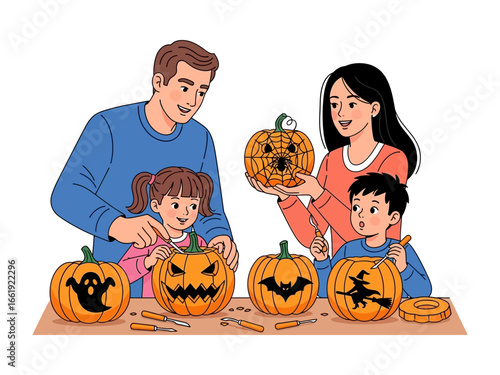 Halloween Family Pumpkin Carving: A family gathers, filled with the thrill of Halloween. Their focus is on carving pumpkins, infusing the air with a cheerful, festive ambiance, and making memories.