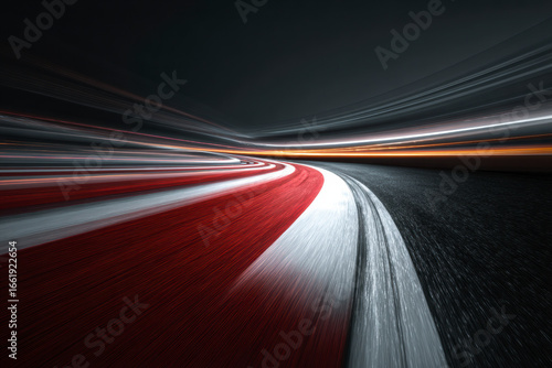 Motion blur on a racetrack with red and white stripes, conveying speed and dynamism, with dark background.