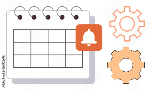 Monthly calendar, bell alert, and gear icons emphasizing task scheduling, deadlines, and process enhancement. Ideal for productivity, planning, organization, workflow alert system project
