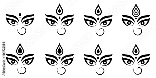 Durga face in happy navratri silhouette style icon set vector.