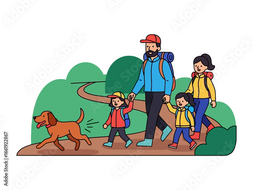Family Hike Adventure: An illustrated family enjoys a scenic hiking path, led by a parent and followed by their children and their loyal canine companion.