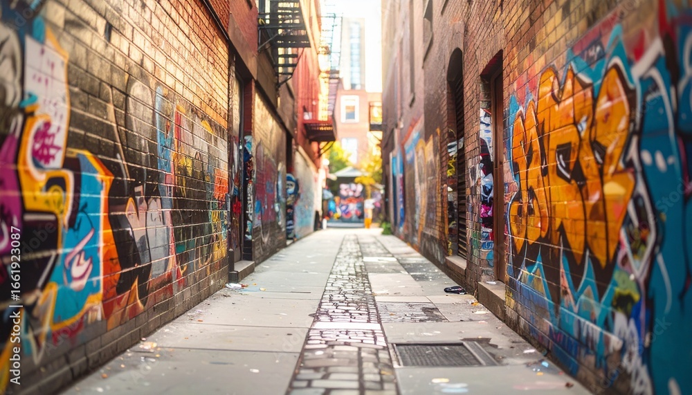 Fototapeta premium High-quality, professional marketing-style photograph of a narrow urban alley with graffiti and textures, shot with a 50mm lens, eye-level angle, minimalist composition with clear focal point, soft am