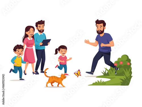 Family Outing in The Park: A vibrant illustration captures a heartwarming family outing in a park setting. Focus on the active participation and enjoyment that brings.
