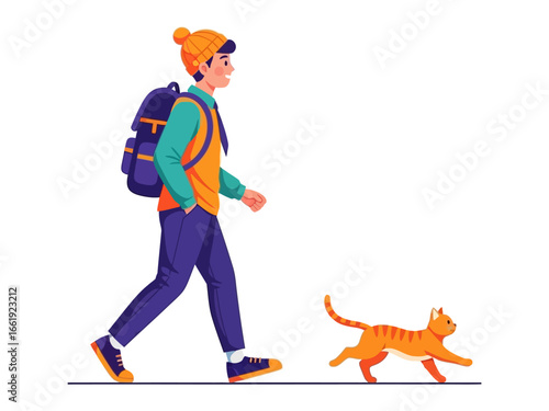 Cat and Man: A cheerful man and a cute cat stroll side by side, the scene rendered in crisp lines and vivid colors that highlight their coordinated stroll, making it perfect for design