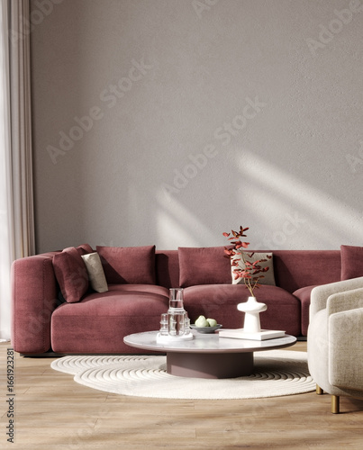 Stylish interior mockup with red sofa and coffee table, empty wall mockup, 3d illustration