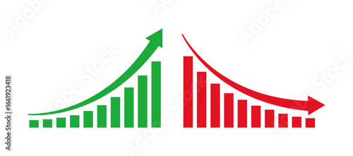 Green upward and red downward chart icons representing financial growth, market increase, stock rise, business improvement, market decline, sales decrease, and economic trends