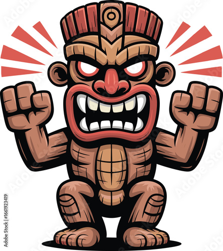 Cartoon angry tiki totem character, traditional Polynesian tribal statue with muscular body, fierce facial expression, clenched fists, cultural wooden idol vector illustration