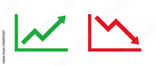 Green upward and red downward chart icons representing financial growth, market increase, stock rise, business improvement, market decline, sales decrease, and economic trends