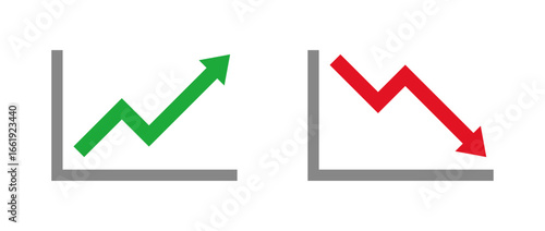 Green upward and red downward chart icons representing financial growth, market increase, stock rise, business improvement, market decline, sales decrease, and economic trends
