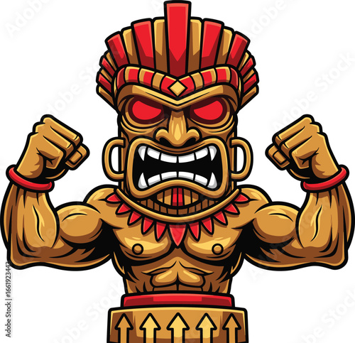 Angry tiki warrior illustration, tribal style mascot design, muscular figure with red eyes, perfect for logo, tattoo, sports branding, vector artwork