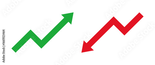Upward and downward graph chart icons representing financial growth, market increase, stock rise, business improvement, market decline, sales decrease, and economic trends