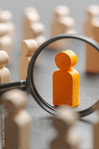 Individual highlighted: Wooden figure under magnifying glass, different color, standing out from the group.