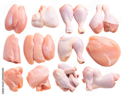 Front View of Raw Chicken Parts Set, isolated on a transparent background