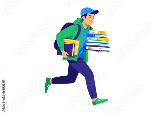 Academic Rush: A student hurries with a pile of books, illustrating the fast-paced life of academics and the demands of education.