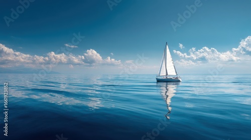 Fototapeta Naklejka Na Ścianę i Meble -  Stunning photo of yacht sailboat sailing alone on calm blue sea waters on a beautiful sunny day with blue sky and white clouds.