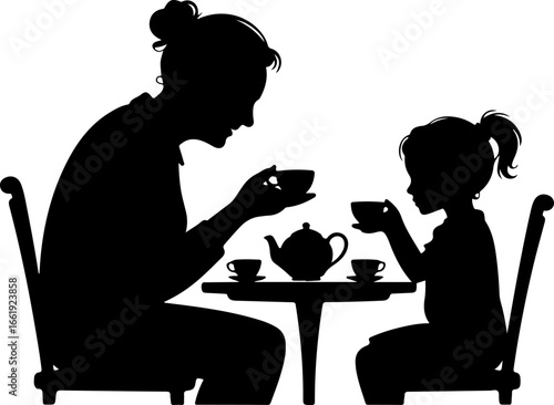 A warm silhouette of a grandparent and grandchild sitting across from each other at a small table