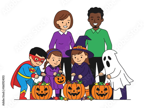 Halloween Family Gathering: A festive gathering of a family, costumed in Halloween outfits, surrounded by carved pumpkins overflowing with treats and a spooky ghost.